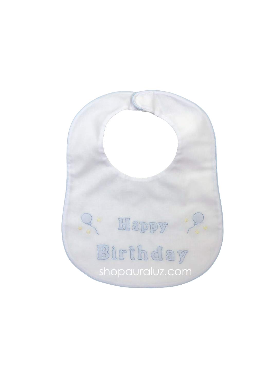 Auraluz Bib...White with blue binding trim and embroidered Happy Birthday