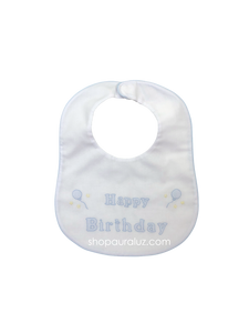 Auraluz Bib...White with blue binding trim and embroidered Happy Birthday