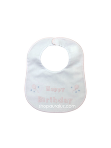 Auraluz Bib...White with pink binding trim and embroidered Happy Birthday