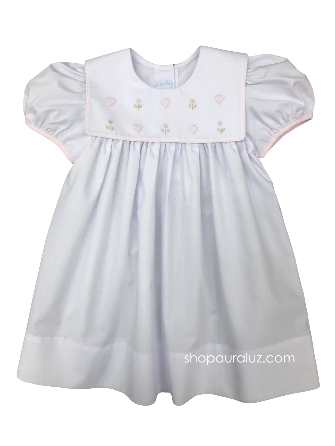 Auraluz Dress...White with square collar,pink binding trim and embroidered hearts and flowers