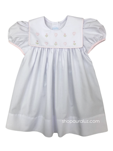 Auraluz Dress...White with square collar,pink binding trim and embroidered hearts and flowers