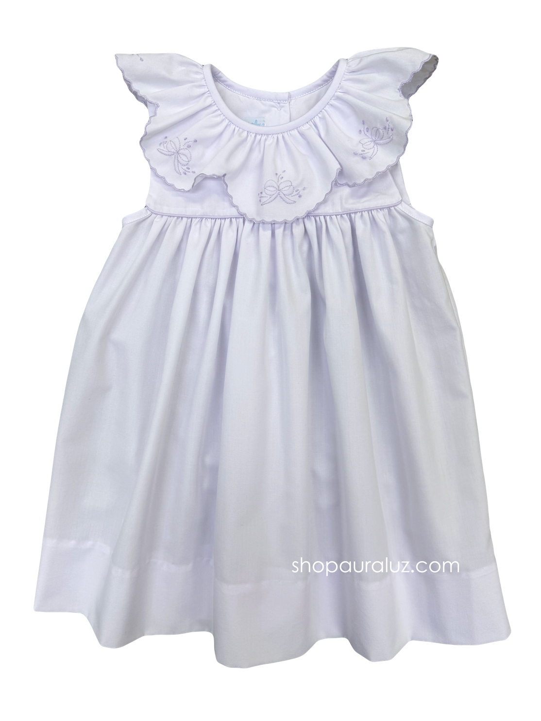 Auraluz Sleeveless Dress...White with ruffle collar, lavender scallop trim and embroidered bows