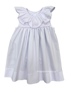 Auraluz Sleeveless Dress...White with ruffle collar, lavender scallop trim and embroidered bows