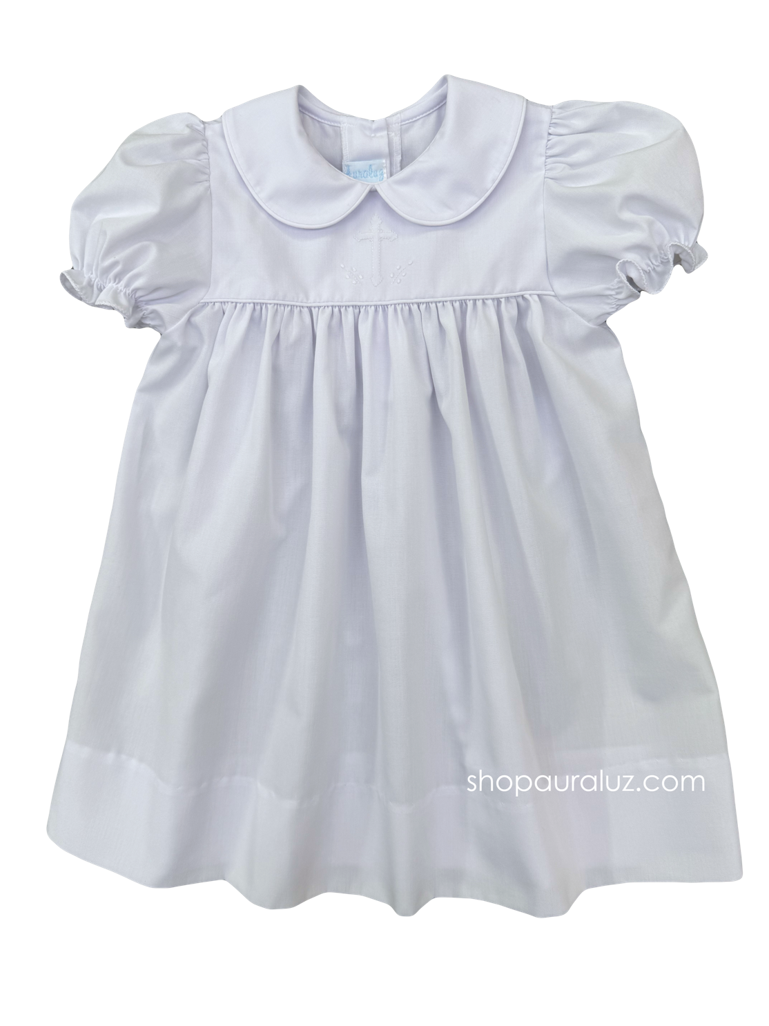 Auraluz Dress..White with white piping trim, p.p.collar and embroidered cross