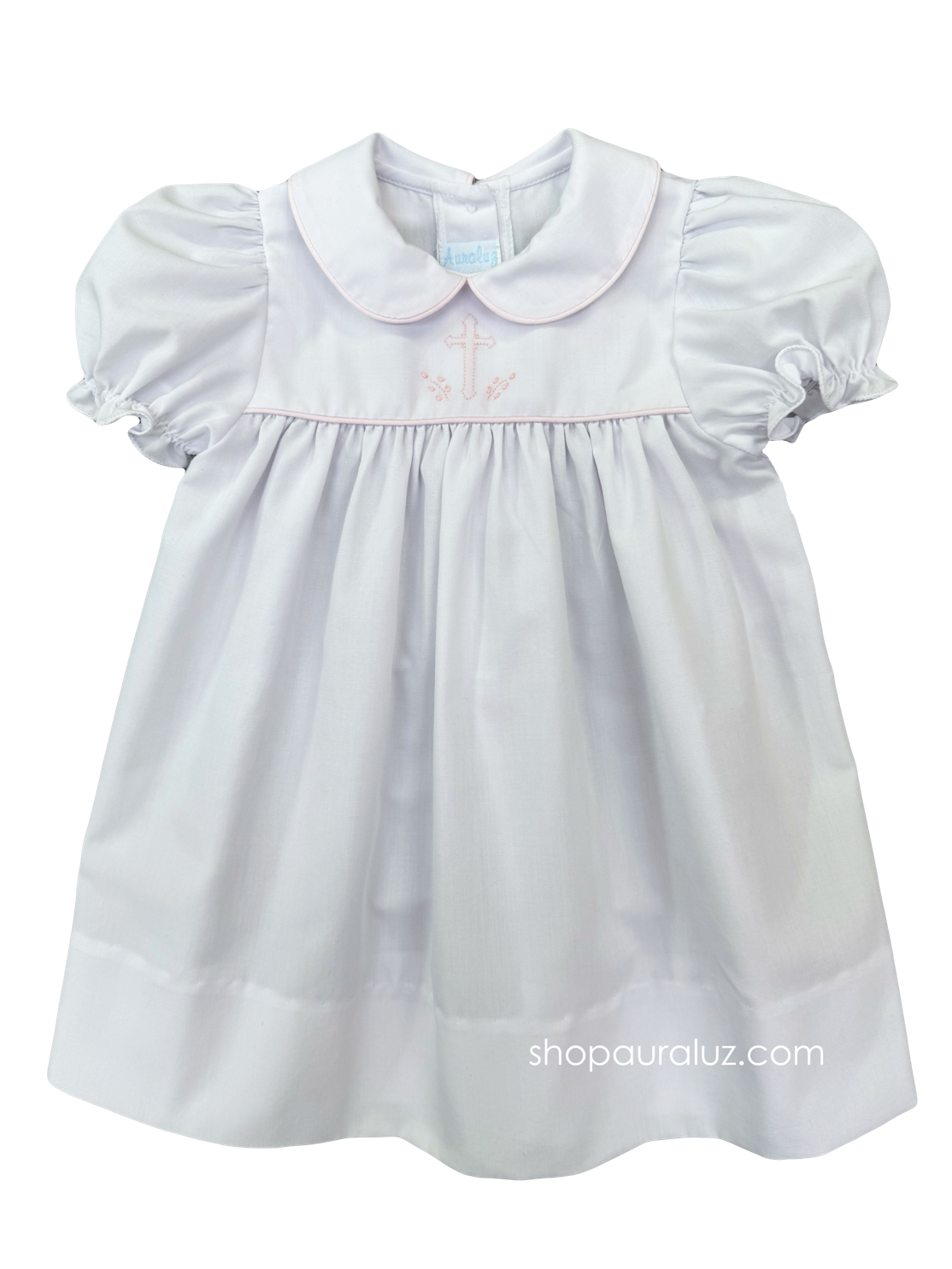 Auraluz Dress..White with pink piping trim, p.p.collar and embroidered cross