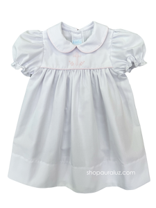 Auraluz Dress..White with pink piping trim, p.p.collar and embroidered cross