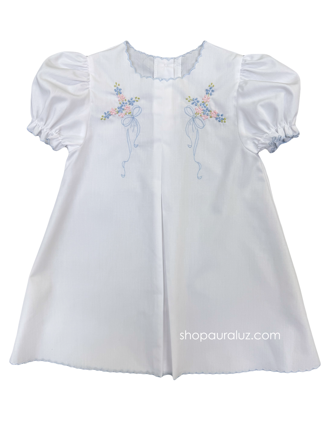 auraluz christmas dress Auraluz Baby Dress...White with blue scallop trim and embroidered bows 12M