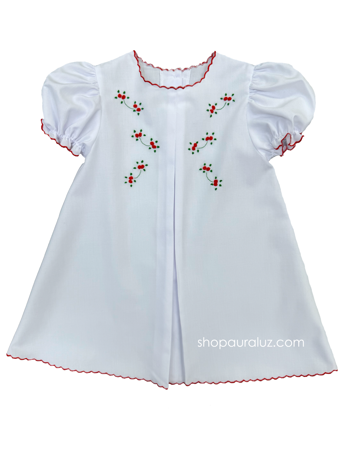 Auraluz Christmas Baby Dress...White with red scallop trim and embroidered tiny buds