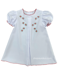 Auraluz Christmas Baby Dress...White with red scallop trim and embroidered tiny buds