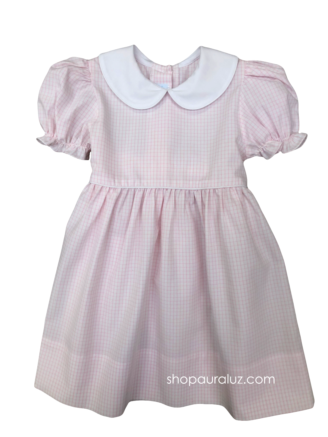 Auraluz Tie-back Dress...Pink window pane with white p.p. collar