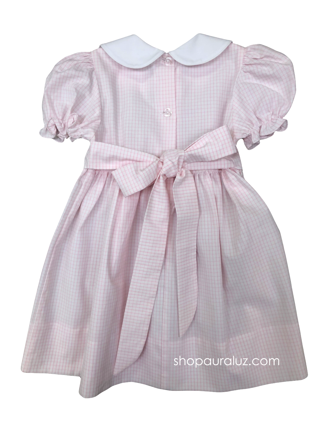 Auraluz Tie-back Dress...Pink window pane with white p.p. collar