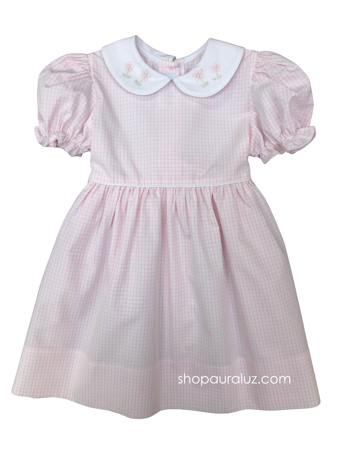 Auraluz Tie-back Dress...Pink window pane with white p.p. collar and embroidered flowers