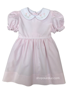 Auraluz Tie-back Dress...Pink window pane with white p.p. collar and embroidered flowers