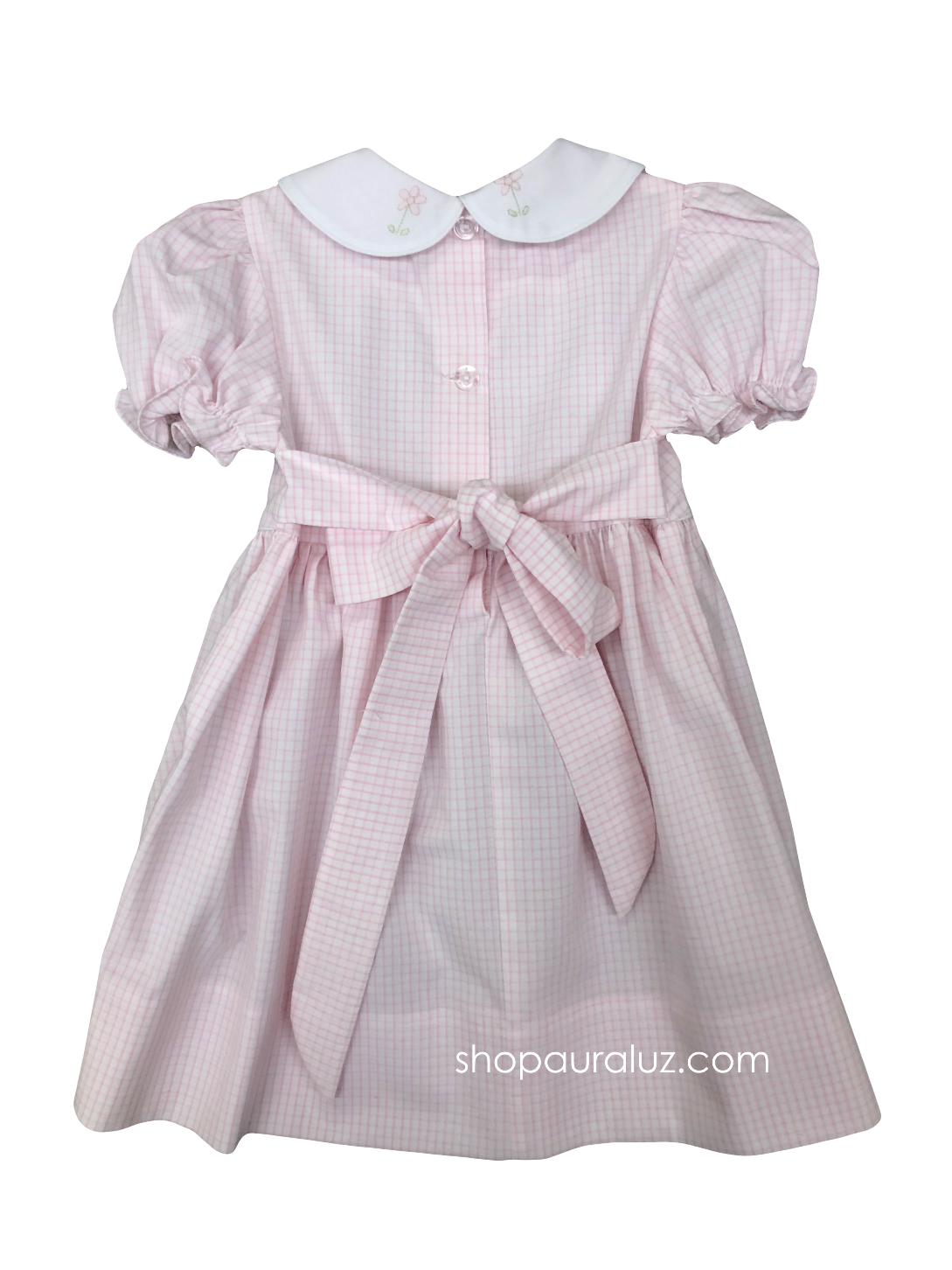 Auraluz Tie-back Dress...Pink window pane with white p.p. collar and embroidered flowers