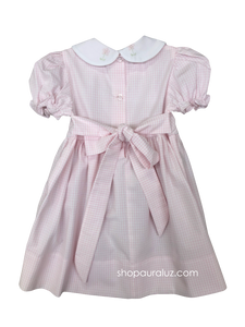 Auraluz Tie-back Dress...Pink window pane with white p.p. collar and embroidered flowers