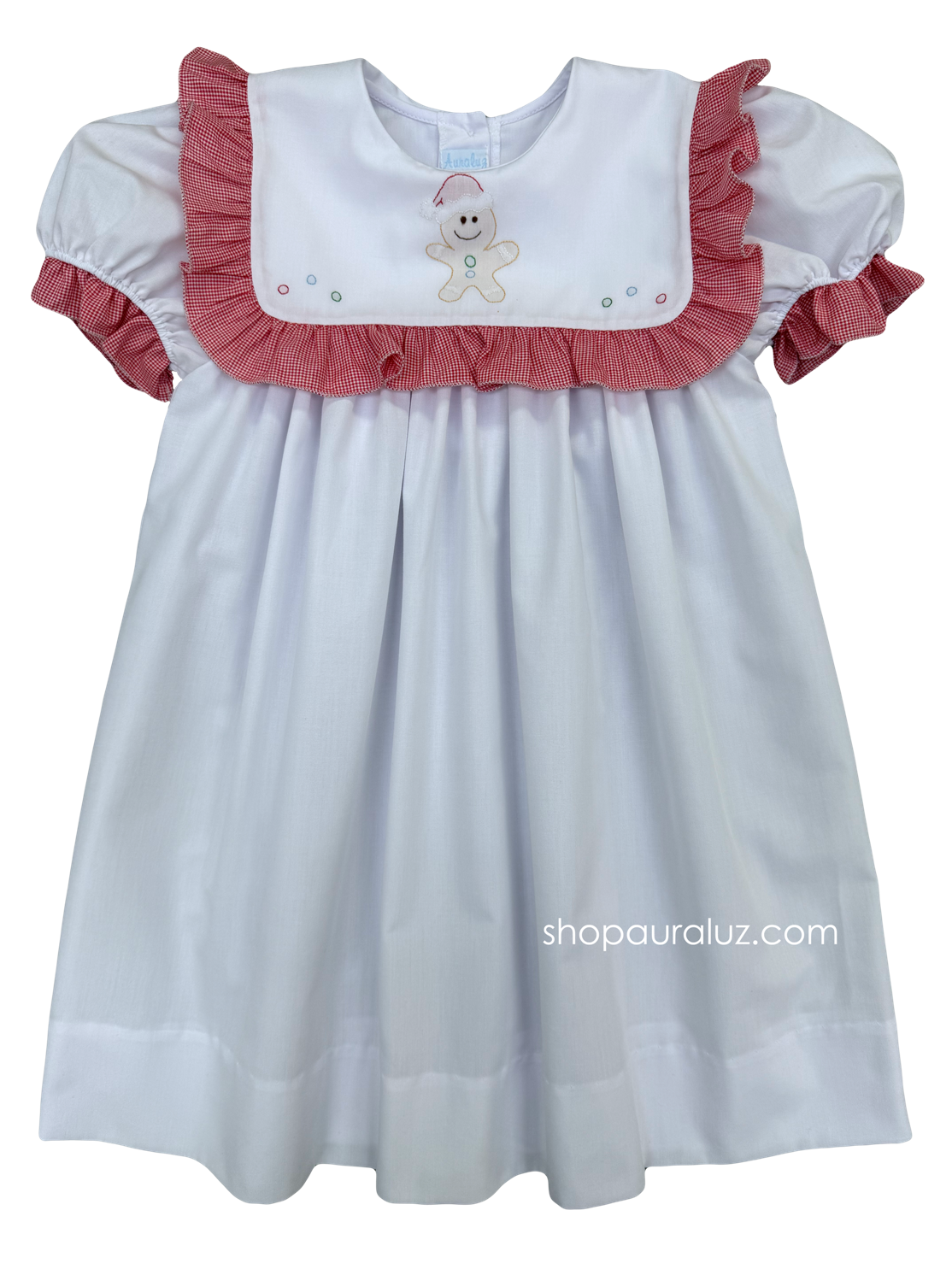 Auraluz Christmas Dress...White w/white square collar, red check ruffle trim and embroidered gingerbread man