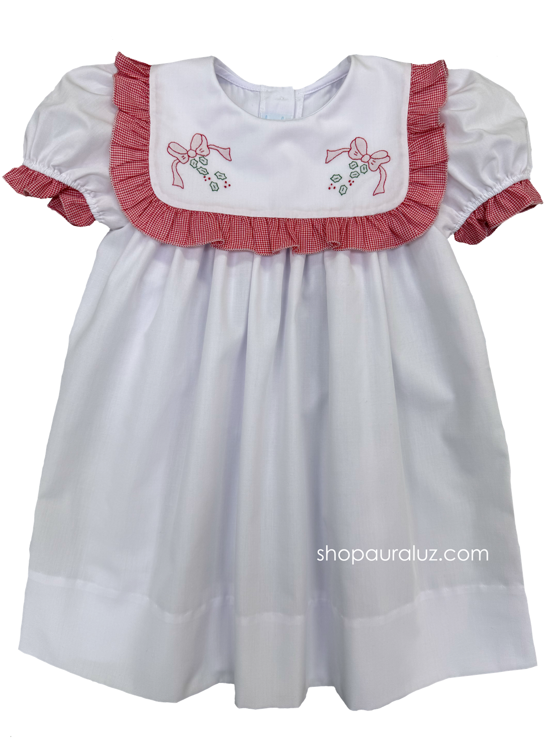 Auraluz Christmas Dress...White w/white square collar, red check ruffle trim and embroidered bows