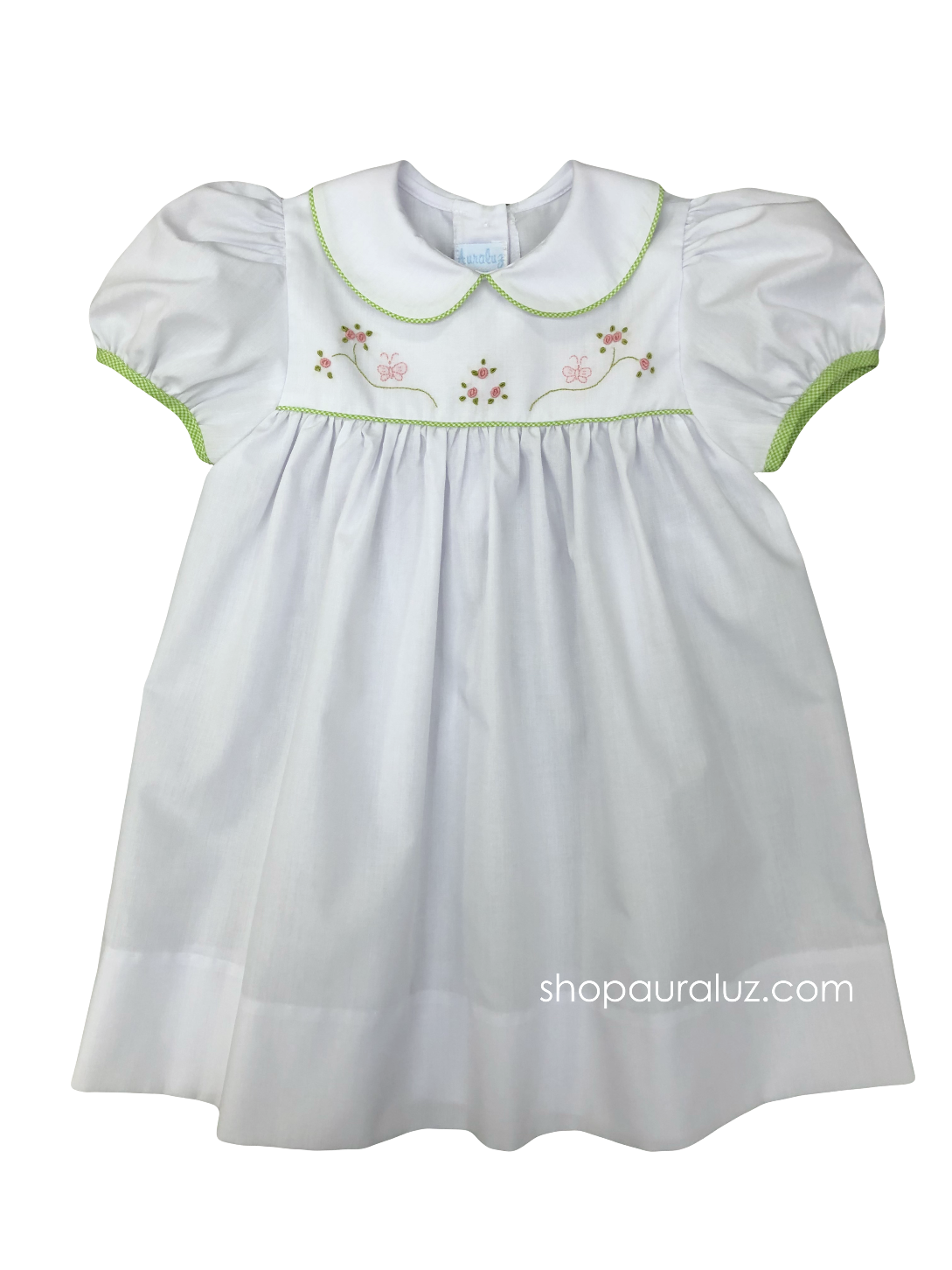 Auraluz Dress...White with lime check trim and embroidered flowers