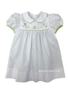 Auraluz Dress...White with lime check trim and embroidered flowers