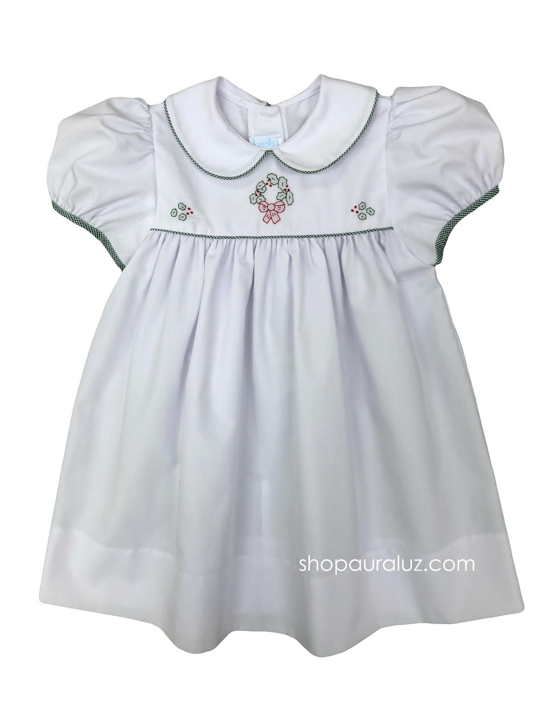 Auraluz Dress..White with green check trim and embroidered Christmas wreath