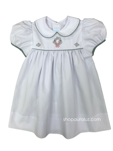 Auraluz Dress..White with green check trim and embroidered Christmas wreath