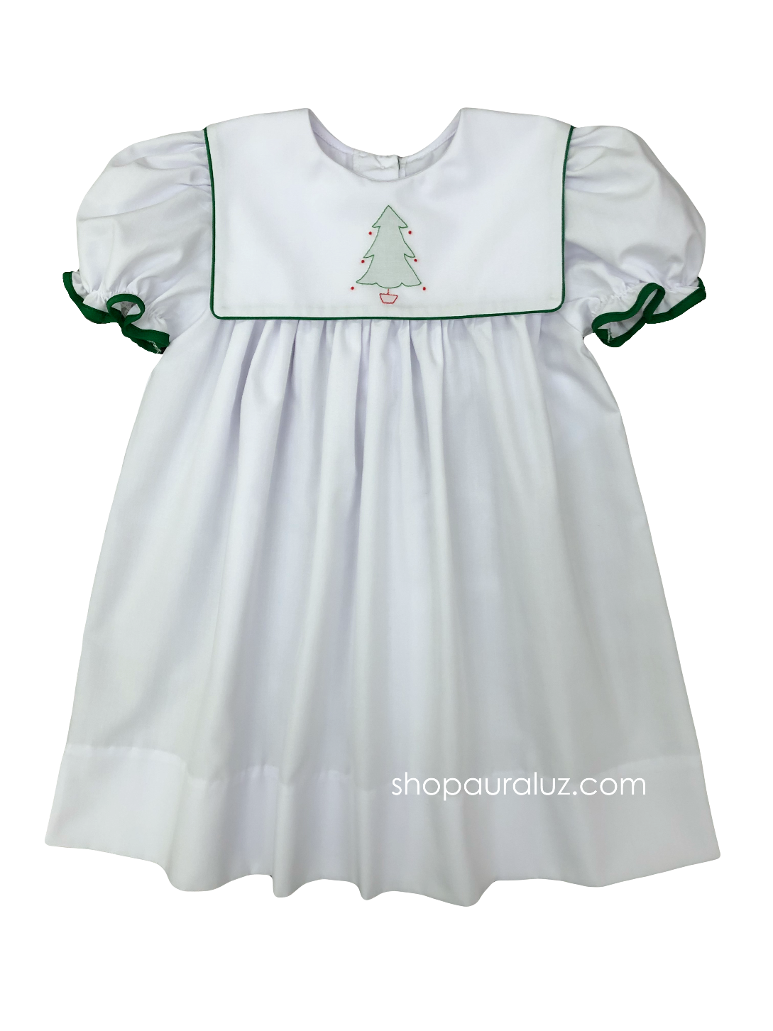 Auraluz Christmas Dress...White with green binding trim and embroidered tree