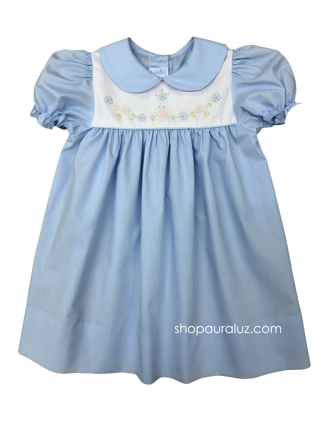 Auraluz Dress..Blue with p.p.collar and embroidered flowers