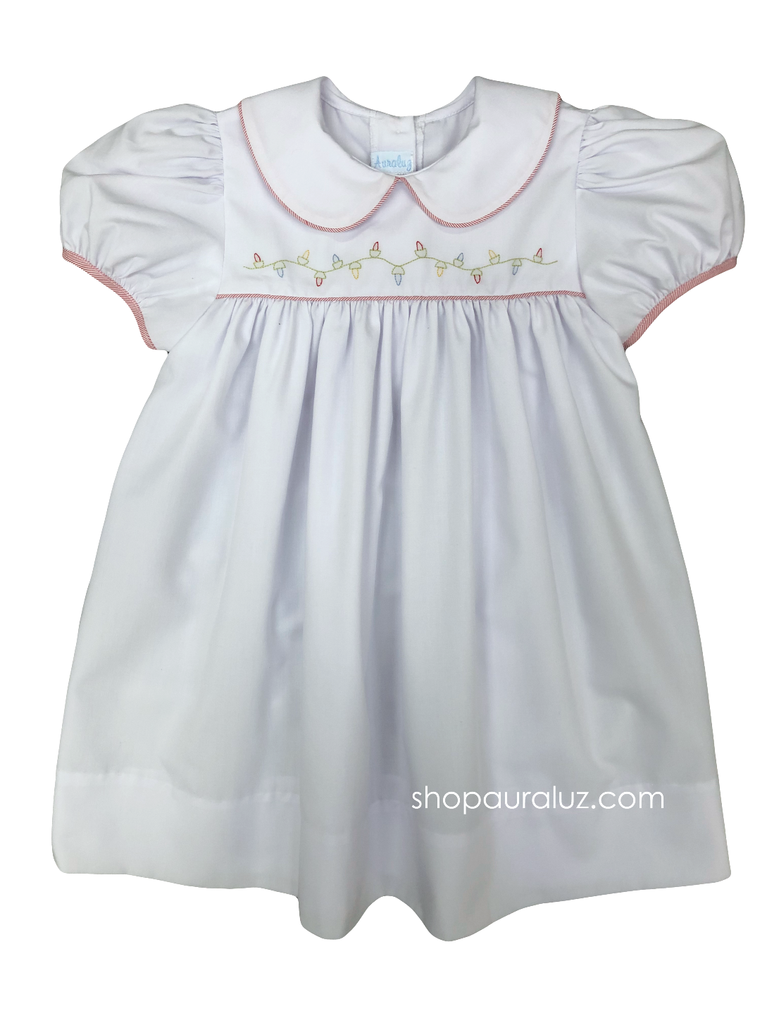 Auraluz Dress..White with red stripe trim and embroidered Christmas lights