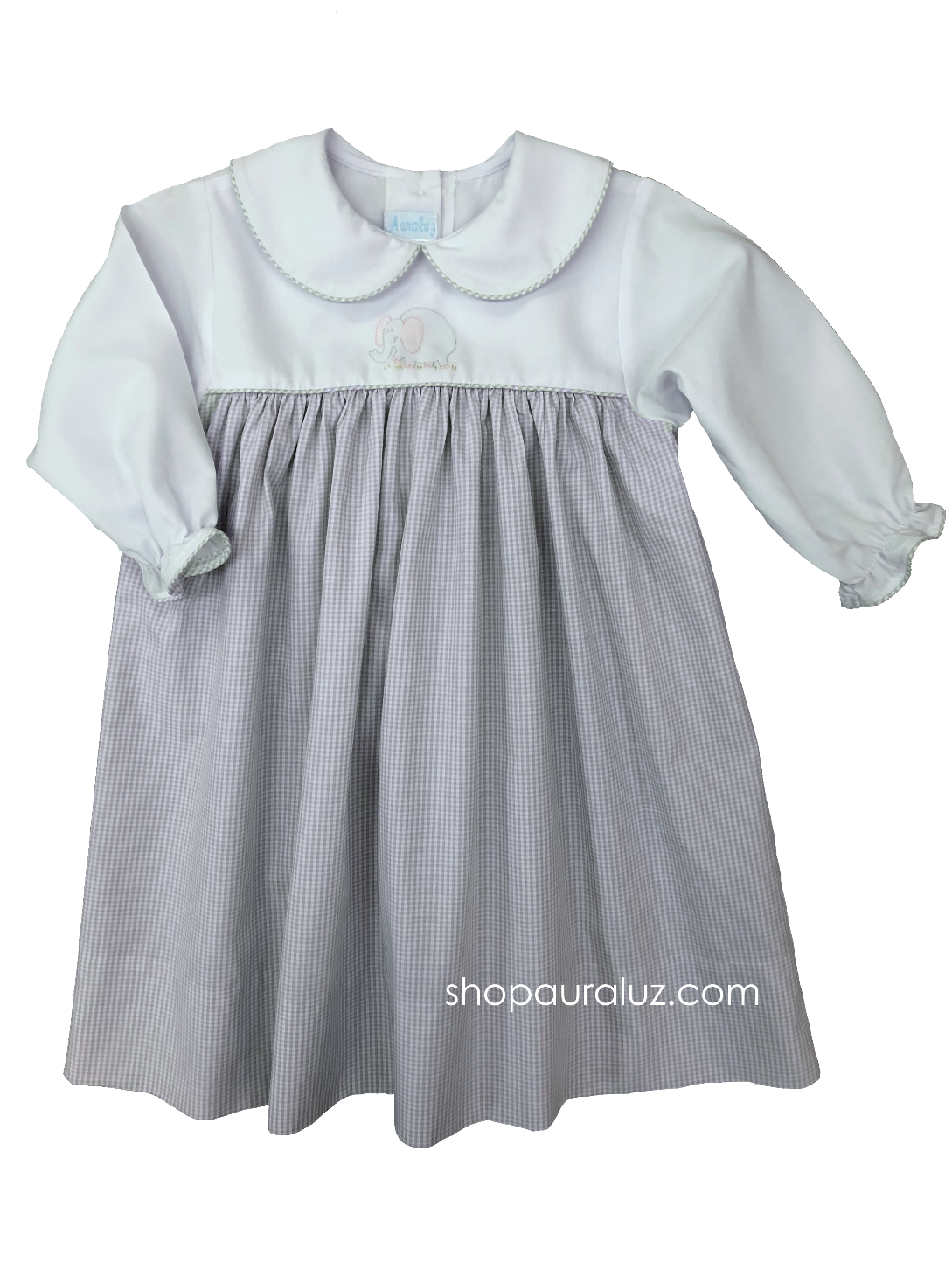 Auraluz Dress...Grey check w/white long sleeves and p.p. collar with embroidered elephant