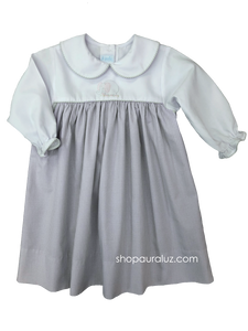 Auraluz Dress...Grey check w/white long sleeves and p.p. collar with embroidered elephant