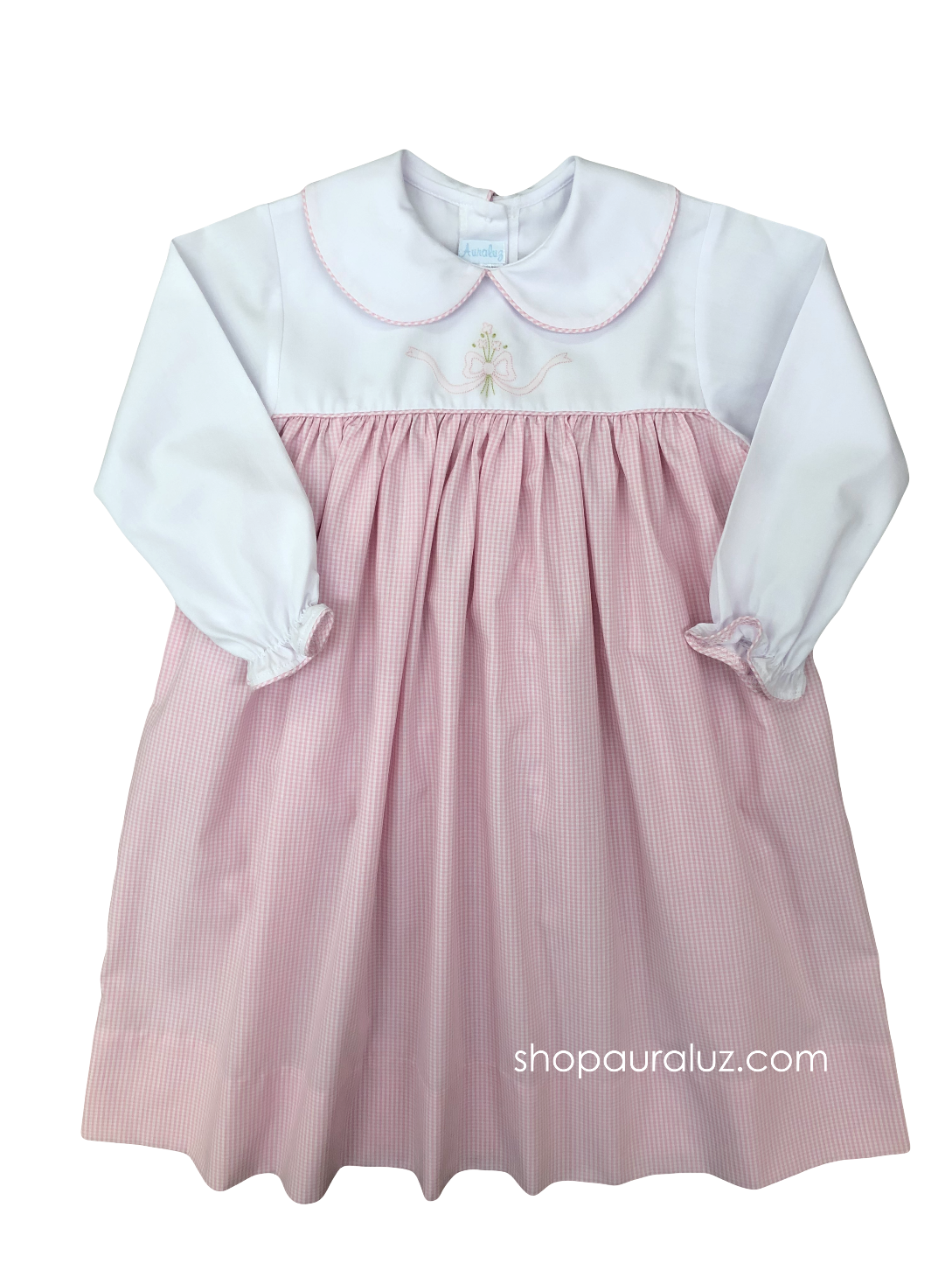 Auraluz Dress...Pink check w/white long sleeves and p.p. collar with embroidered bow