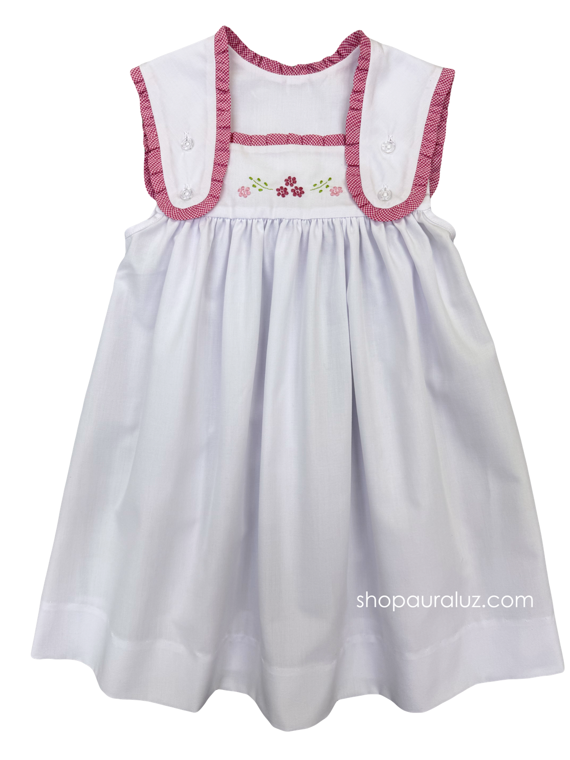 Auraluz Sun Dress..White with raspberry check ruffle trim and embroidered flowers