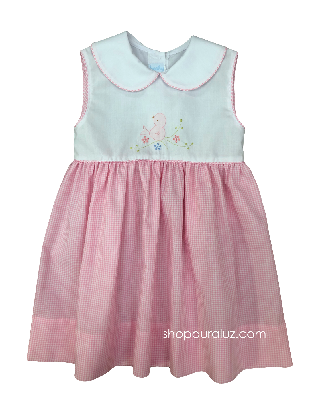 Auraluz Girl Sleeveless Dress...White/pink check with p.p. collar and embroidered bird