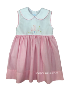 Auraluz Girl Sleeveless Dress...White/pink check with p.p. collar and embroidered bird
