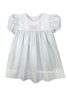 Auraluz Dress..White with pink shiny cord trim, no collar and embroidered ducks