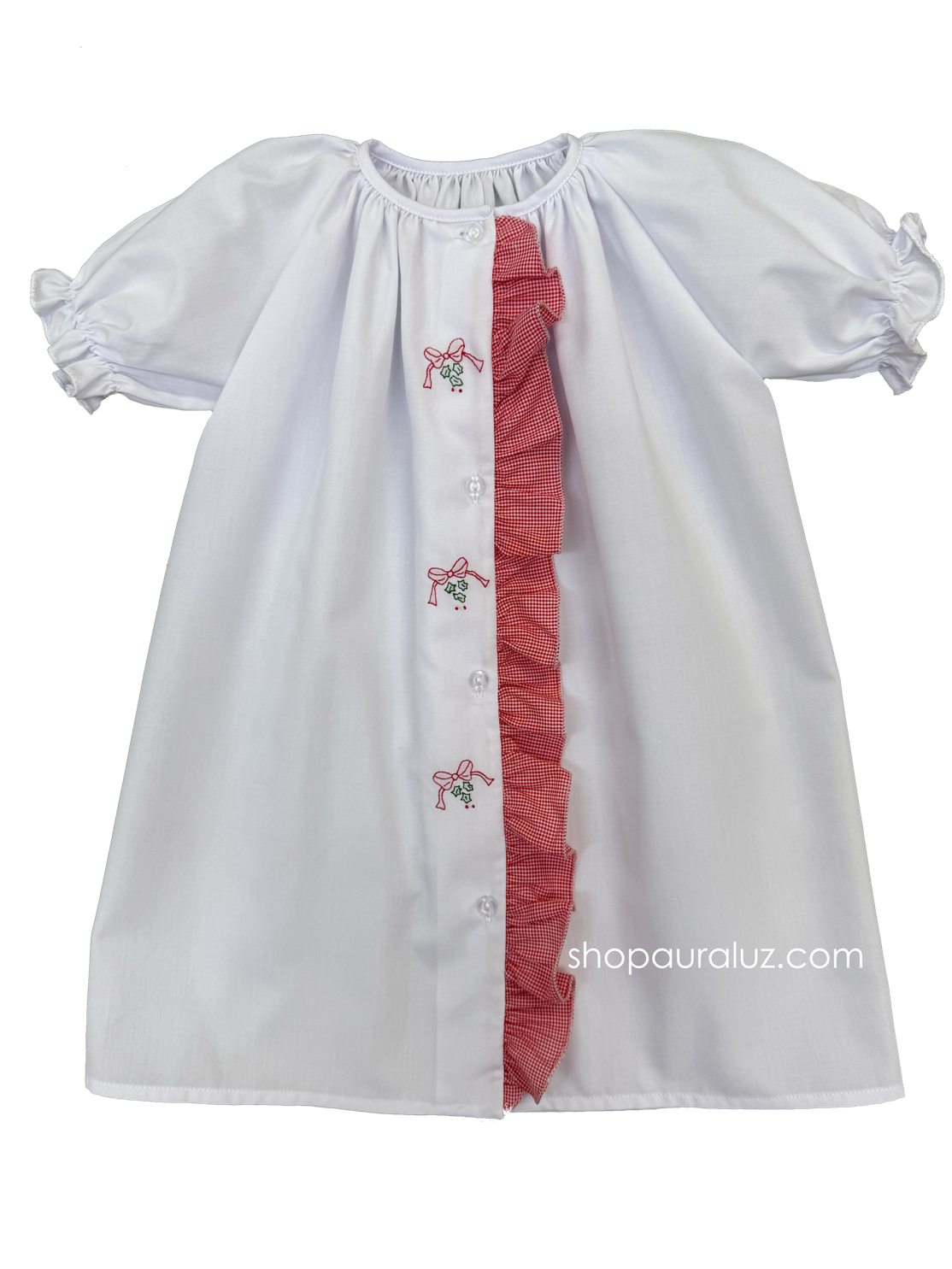 Auraluz Christmas Day Gown...White with red check ruffle trim and embroidered bows