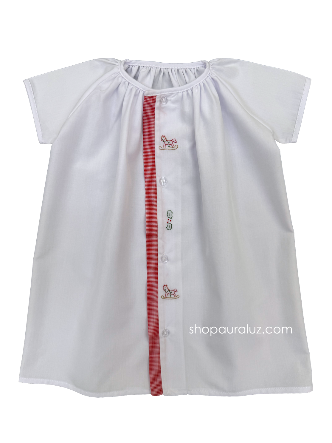 Auraluz Christmas Day Gown...White with red check wide binding trim and embroidered rocking horses