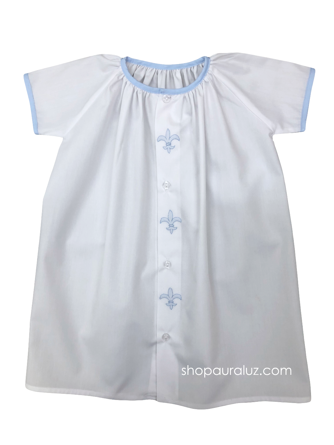 Auraluz Day Gown...White with blue binding trim and embroidered Fleur De Lis. STORE EXCLUSIVE!