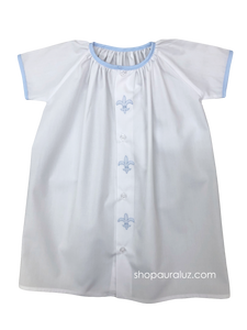 Auraluz Day Gown...White with blue binding trim and embroidered Fleur De Lis. STORE EXCLUSIVE!