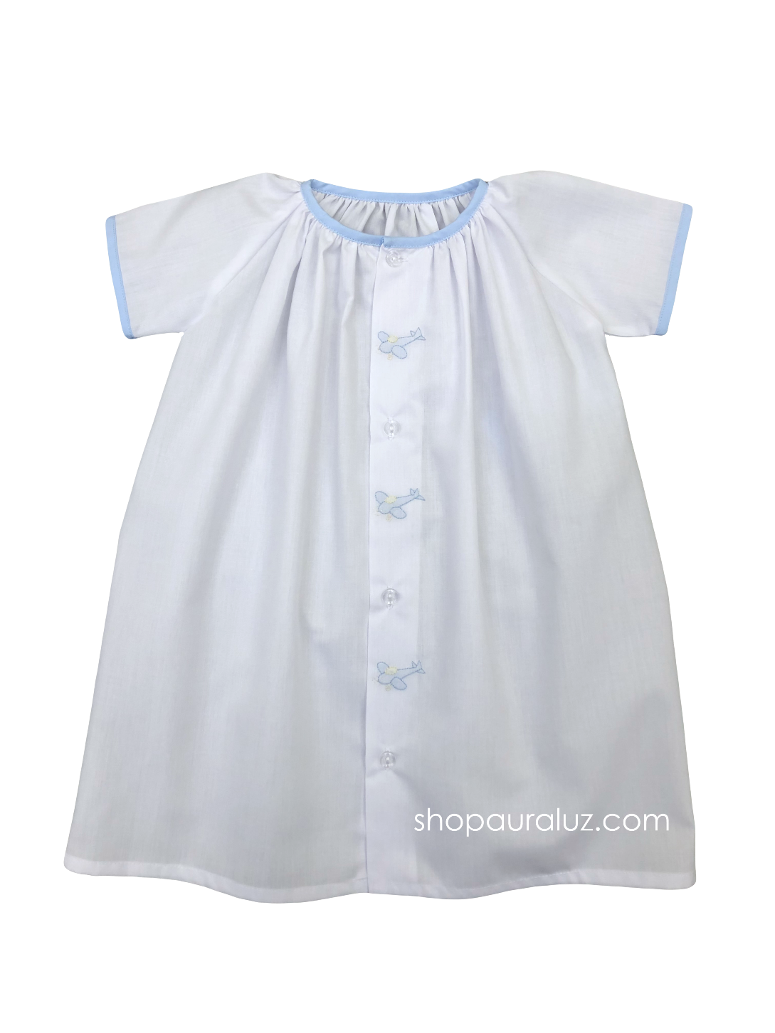 Auraluz Day Gown. White with blue binding trim and embroidered airplanes