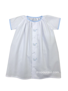 Auraluz Day Gown. White with blue binding trim and embroidered airplanes