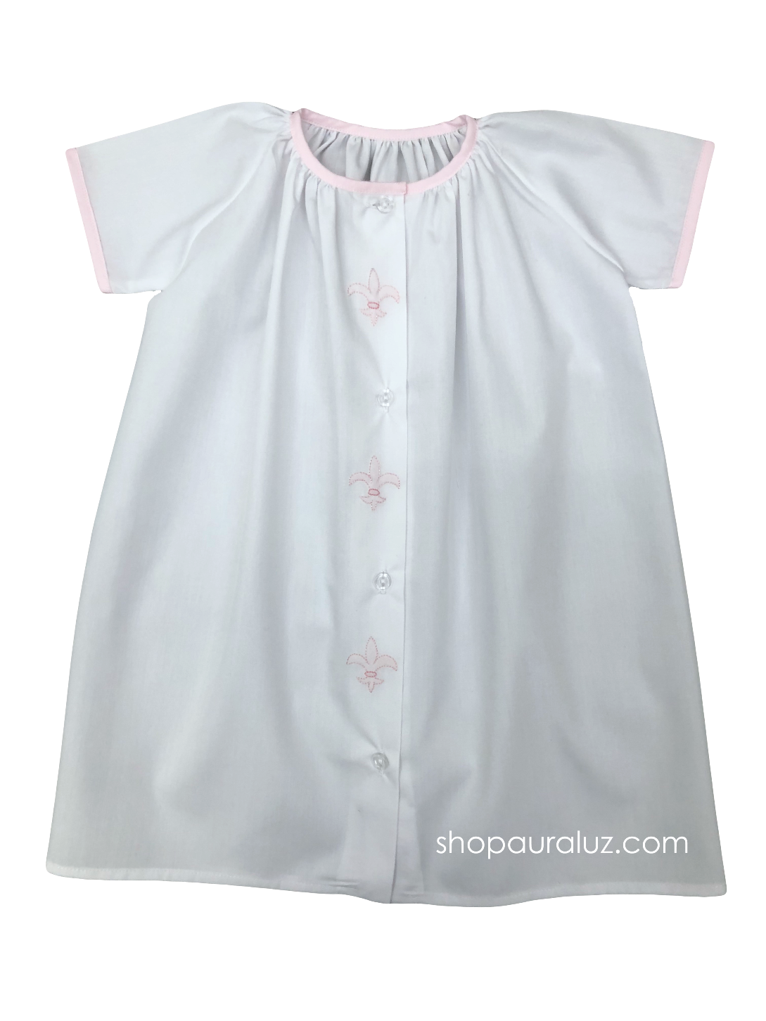 Auraluz Day Gown...White with pink binding trim and embroidered Fleur de Lis. STORE EXCLUSIVE! Size 0