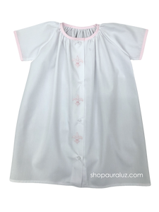 Auraluz Day Gown...White with pink binding trim and embroidered Fleur De Lis. STORE EXCLUSIVE!