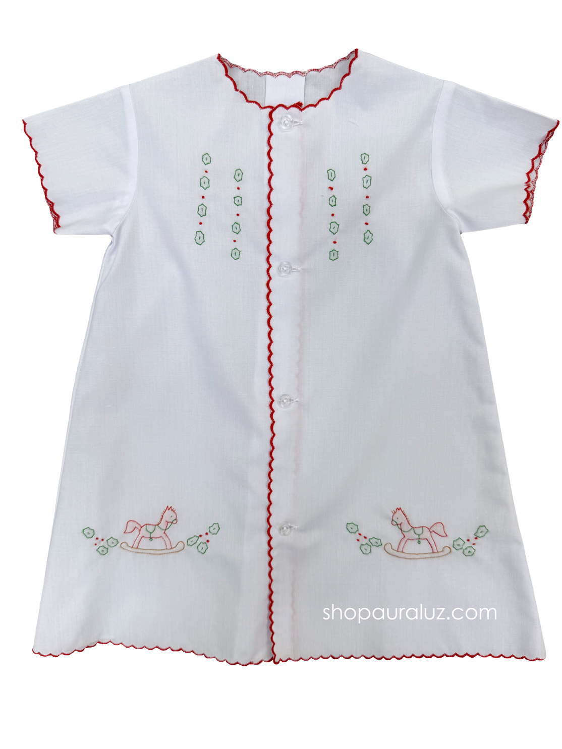 Auraluz Christmas Day Gown..White with red scallops and embroidered rocking horses