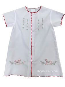 Auraluz Christmas Day Gown..White with red scallops and embroidered rocking horses