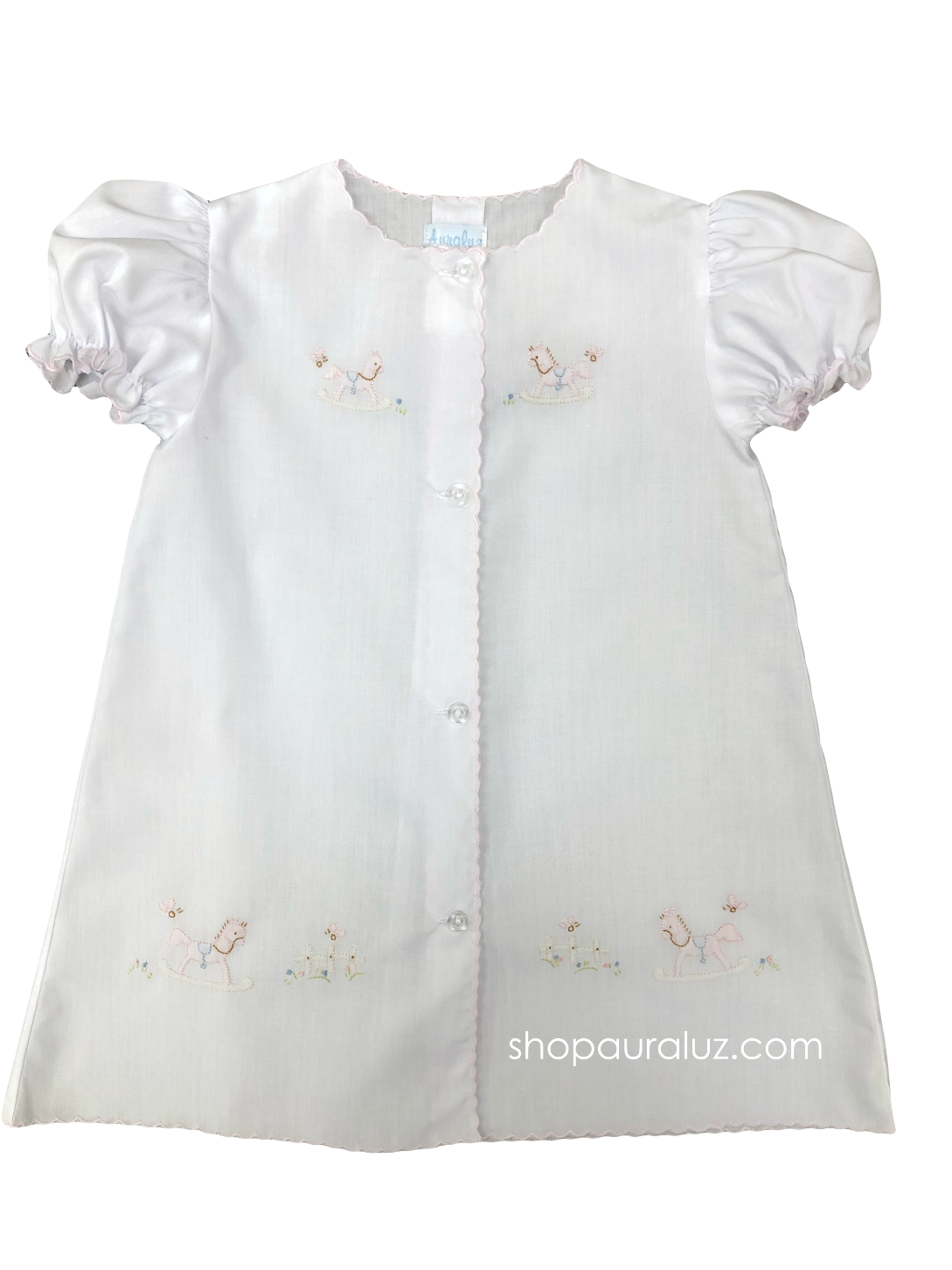Auraluz Day Gown..White with pink scallops and embroidered rocking horses