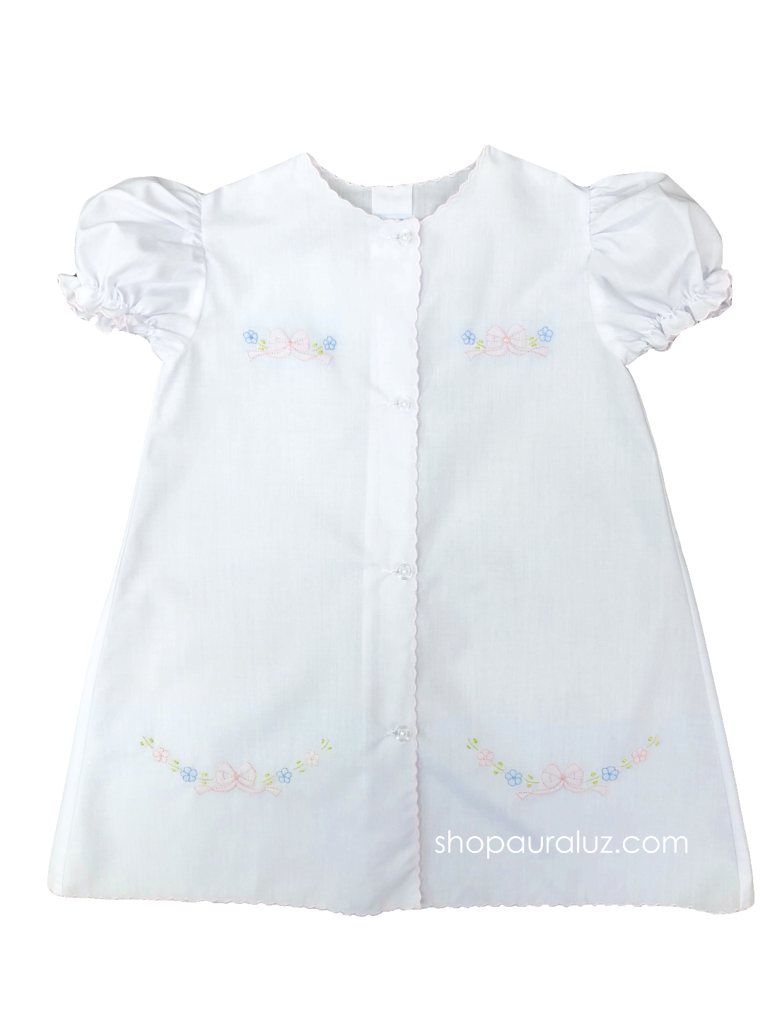 Auraluz Day Gown..White with pink scallops and embroidered bows – AURALUZ