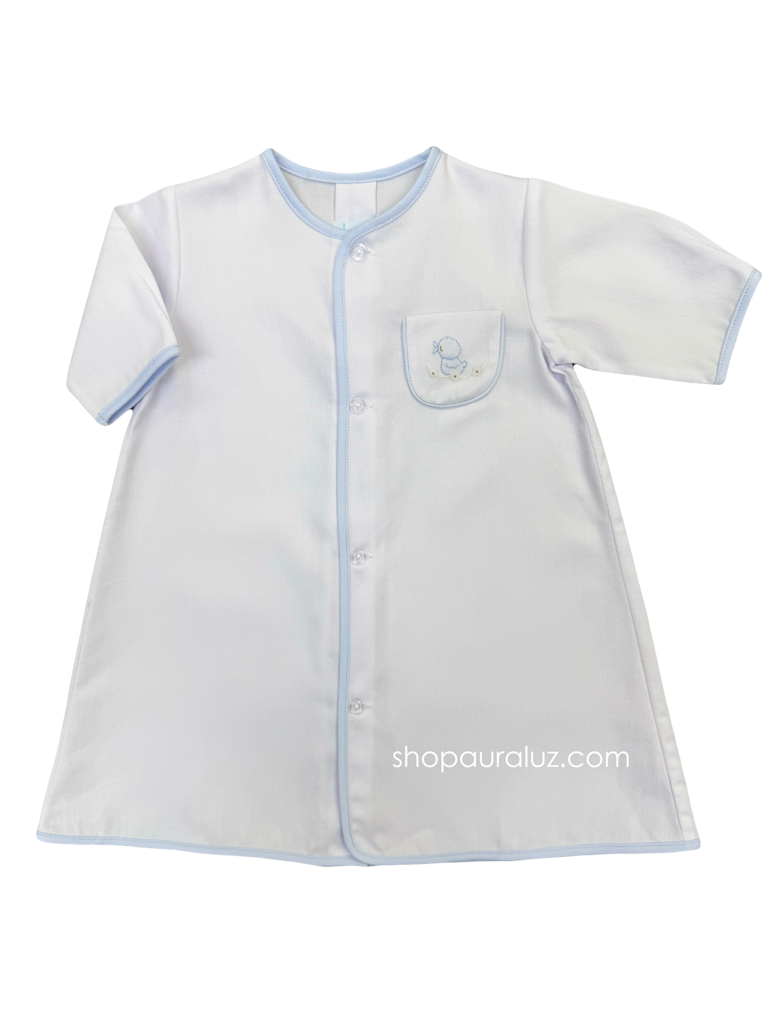 Auraluz Pique Day Gown...White w/blue binding trim and embroidered duck