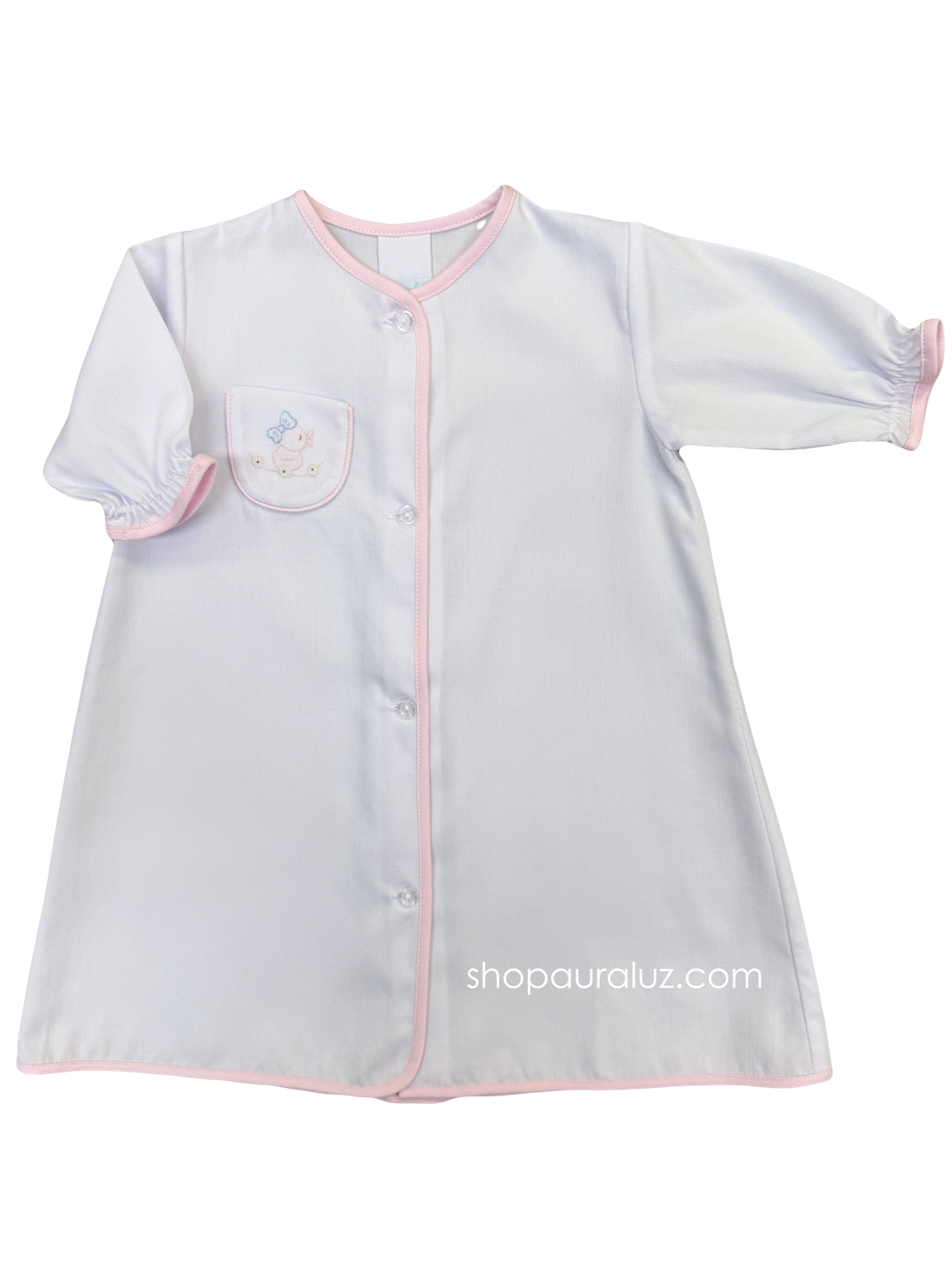 Auraluz Pique Day Gown...White w/pink binding trim and embroidered duck