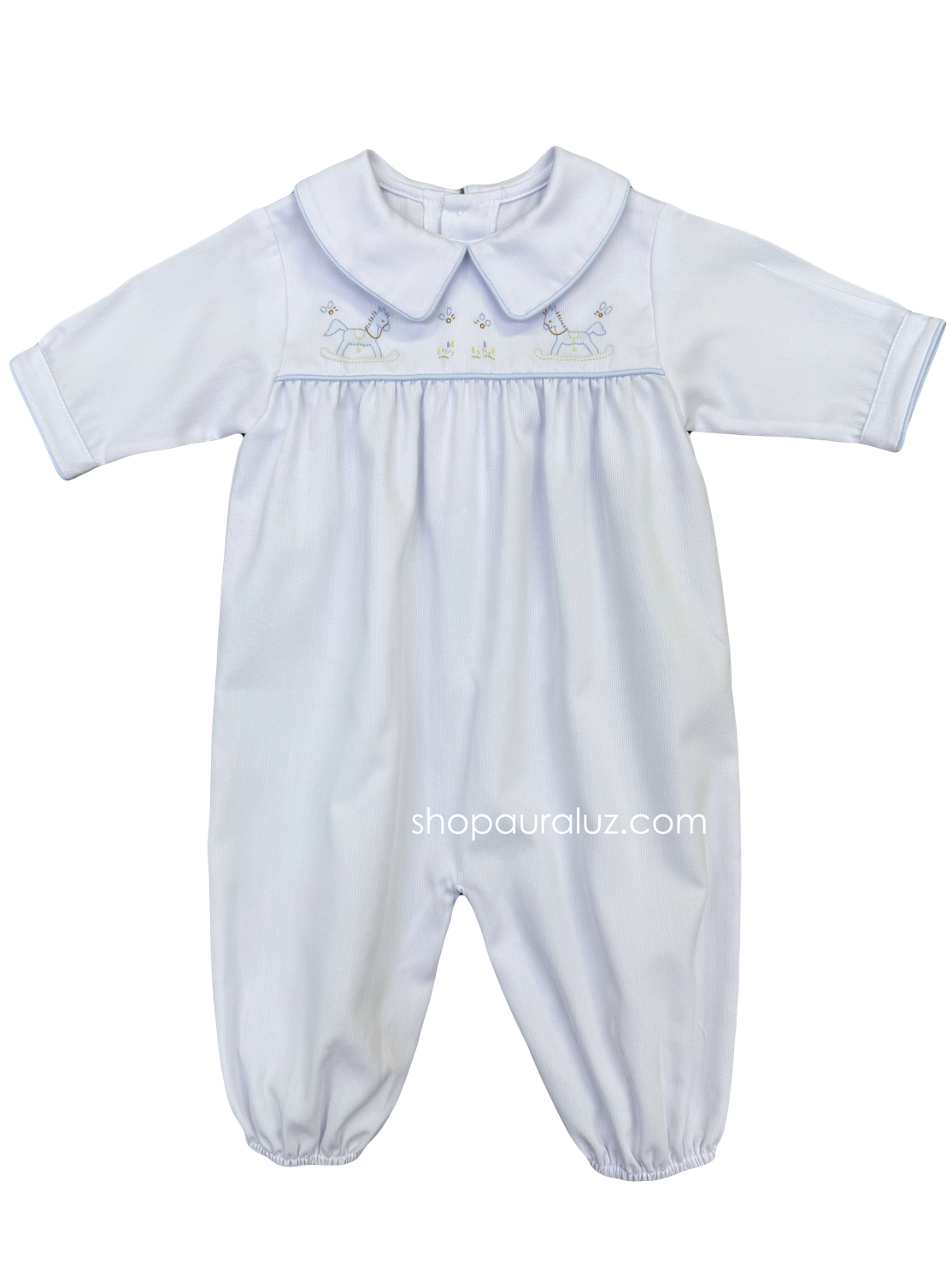 Auraluz Pique Boy Converter Gown...White w/blue piping trim and embroidered rocking horses